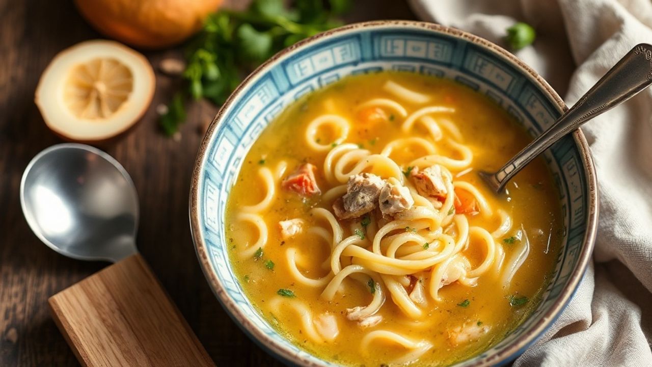 وعاء شوربة دجاج منزلية بالشعيرية، بخار دافئ ومكونات طازجة تعزز الشفاء.