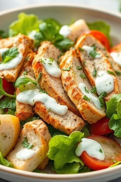 سلطة دجاج تزاتزيكي منعشة مع خيار وزبادي وأعشاب على طبق