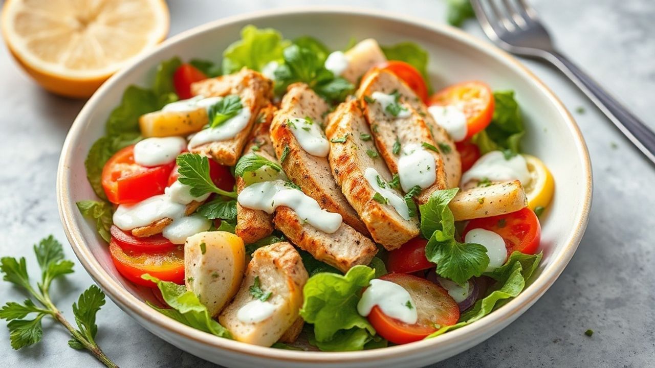 سلطة دجاج تزاتزيكي منعشة مع خيار وزبادي وأعشاب على طبق