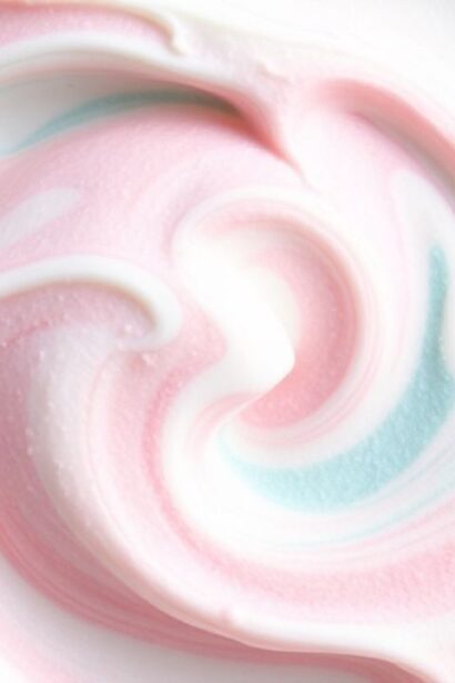 Pastel cotton candy ice cream scoops with whimsical pink and blue sweet swirls