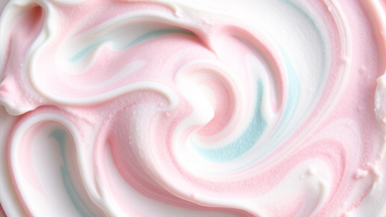 Pastel cotton candy ice cream scoops with whimsical pink and blue sweet swirls