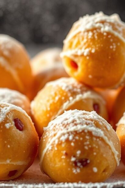 Golden Oliebollen dusted with powdered sugar on rustic plate, steaming and ready to eat