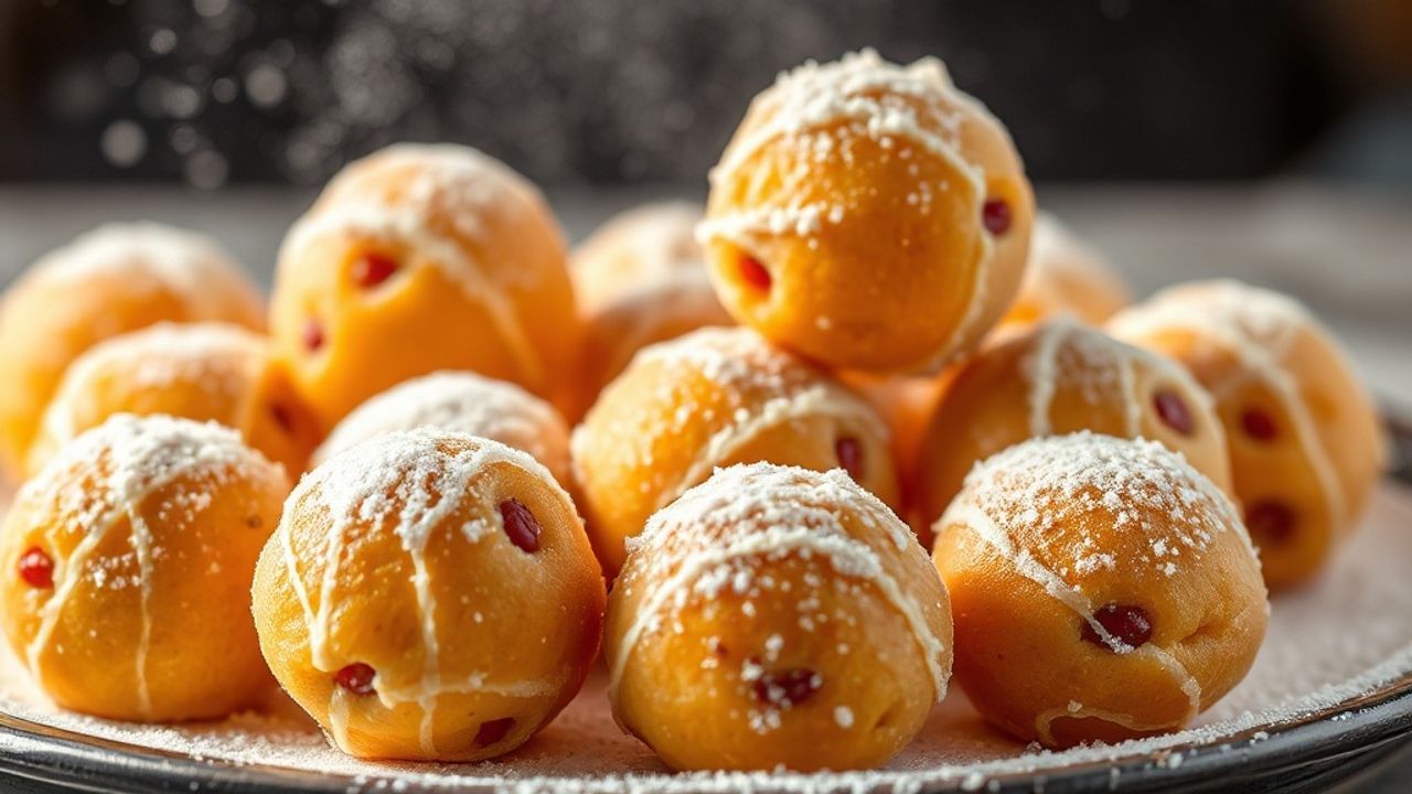 Golden Oliebollen dusted with powdered sugar on rustic plate, steaming and ready to eat