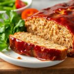 Glazed turkey meatloaf sliced on a rustic board with tangy glaze and fresh herbs.