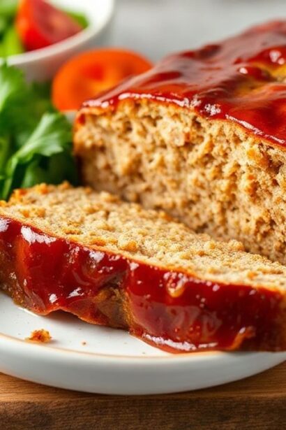 Glazed turkey meatloaf sliced on a rustic board with tangy glaze and fresh herbs.