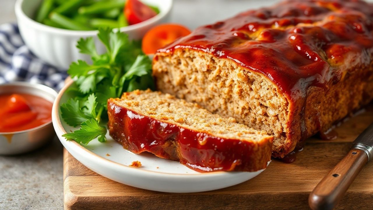 Glazed turkey meatloaf sliced on a rustic board with tangy glaze and fresh herbs.