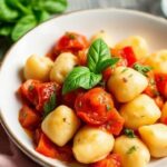 Plate of pillowy Potato Gnocchi tossed in tomato-basil sauce, sprinkled with Parmesan