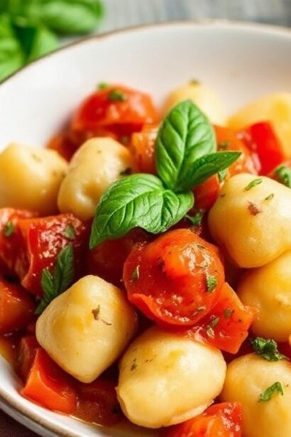 Plate of pillowy Potato Gnocchi tossed in tomato-basil sauce, sprinkled with Parmesan