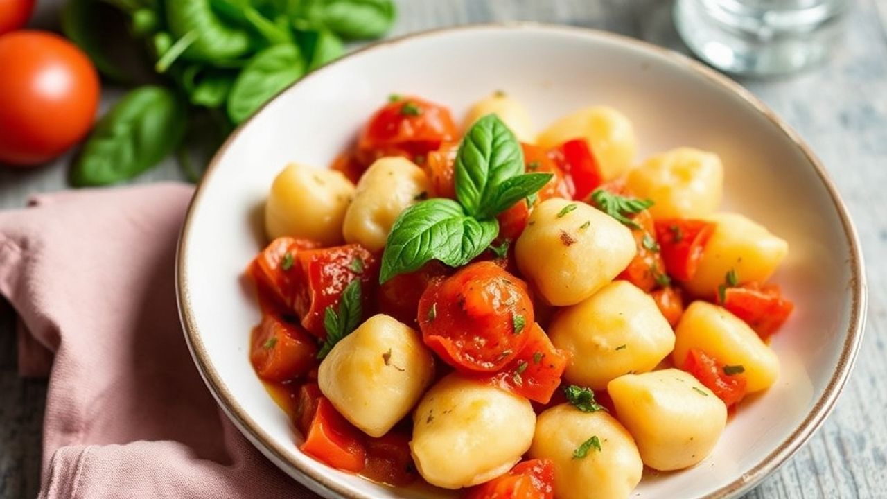 Plate of pillowy Potato Gnocchi tossed in tomato-basil sauce, sprinkled with Parmesan