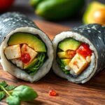Sushi Burrito with avocado and tofu, sliced to show colorful rice and vegetables