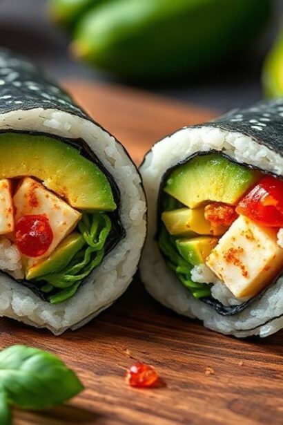 Sushi Burrito with avocado and tofu, sliced to show colorful rice and vegetables
