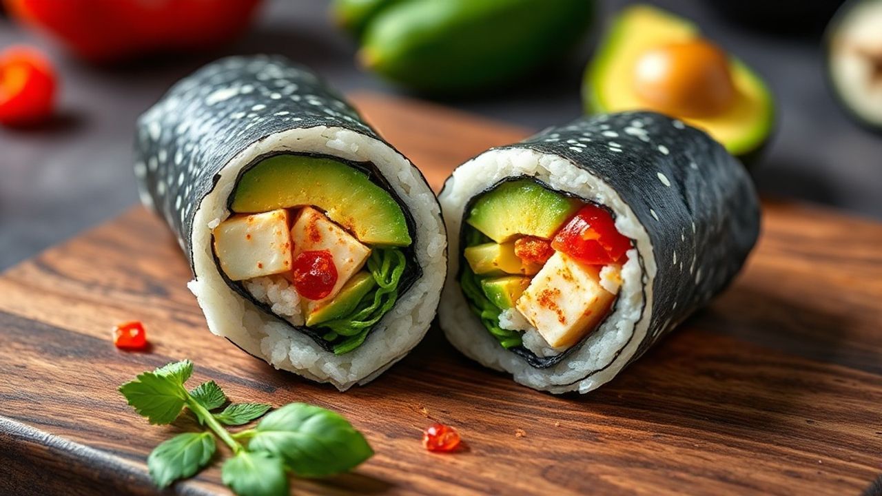 Sushi Burrito with avocado and tofu, sliced to show colorful rice and vegetables
