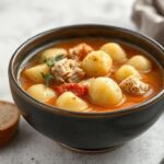 Creamy gnocchi soup steaming in a bowl with chicken, herbs, and crusty bread