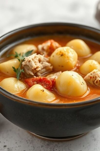 Creamy gnocchi soup steaming in a bowl with chicken, herbs, and crusty bread