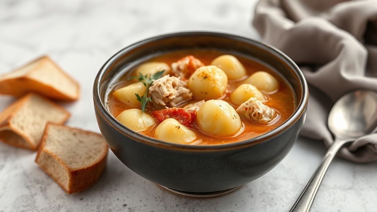 Creamy gnocchi soup steaming in a bowl with chicken, herbs, and crusty bread
