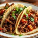Close up of sizzling birria tacos with melted cheese and cilantro on wooden board
