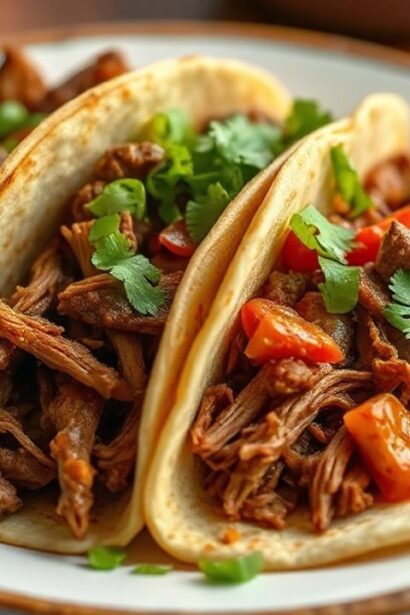 Close up of sizzling birria tacos with melted cheese and cilantro on wooden board