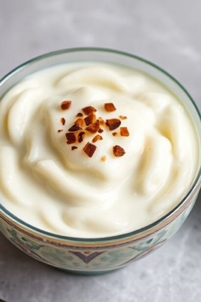 Creamy taro pudding in a bowl garnished with coconut flakes and mint.