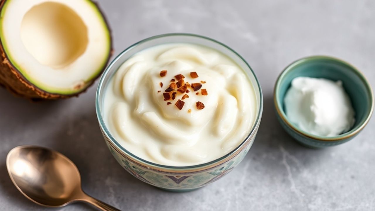 Creamy taro pudding in a bowl garnished with coconut flakes and mint.