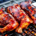 Huli Huli chicken sizzling over open flame, glazed with pineapple and honey, smoky char.