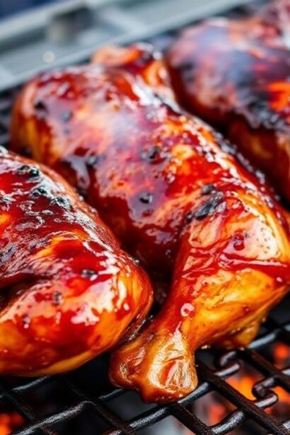 Huli Huli chicken sizzling over open flame, glazed with pineapple and honey, smoky char.