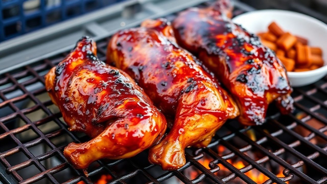 Huli Huli chicken sizzling over open flame, glazed with pineapple and honey, smoky char.