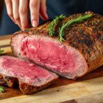 Beef porchetta sliced, crispy golden skin and herb-stuffed center on wooden board