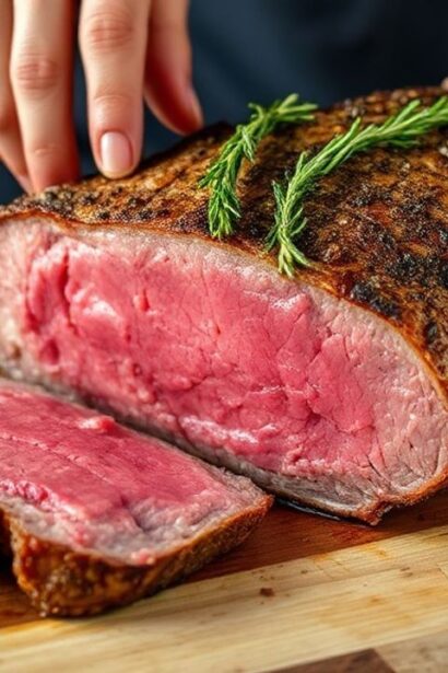 Beef porchetta sliced, crispy golden skin and herb-stuffed center on wooden board