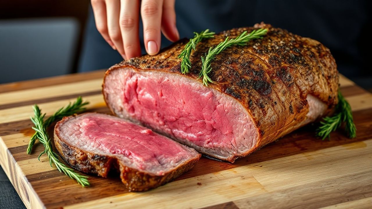 Beef porchetta sliced, crispy golden skin and herb-stuffed center on wooden board