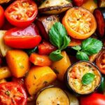 Rustic ratatouille of layered summer vegetables glistening with herbs and olive oil