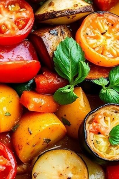 Rustic ratatouille of layered summer vegetables glistening with herbs and olive oil