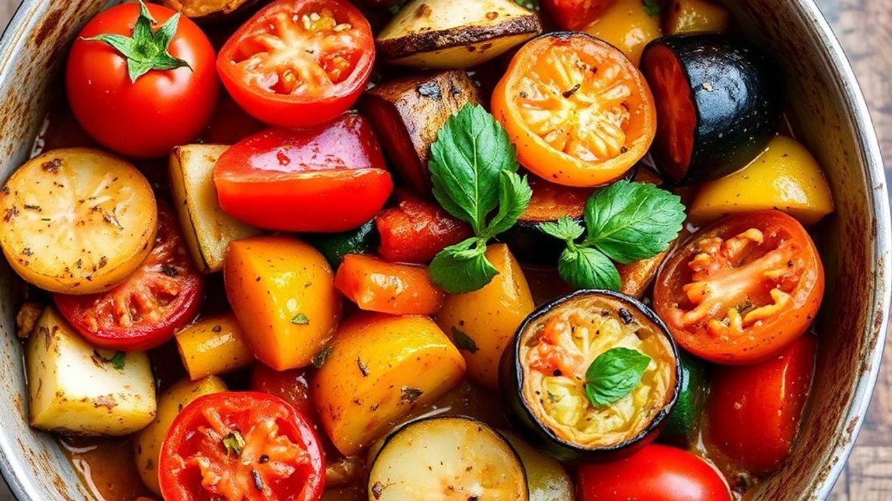 Rustic ratatouille of layered summer vegetables glistening with herbs and olive oil