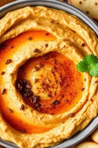 Roasted red pepper hummus in bowl with pita chips and fresh parsley