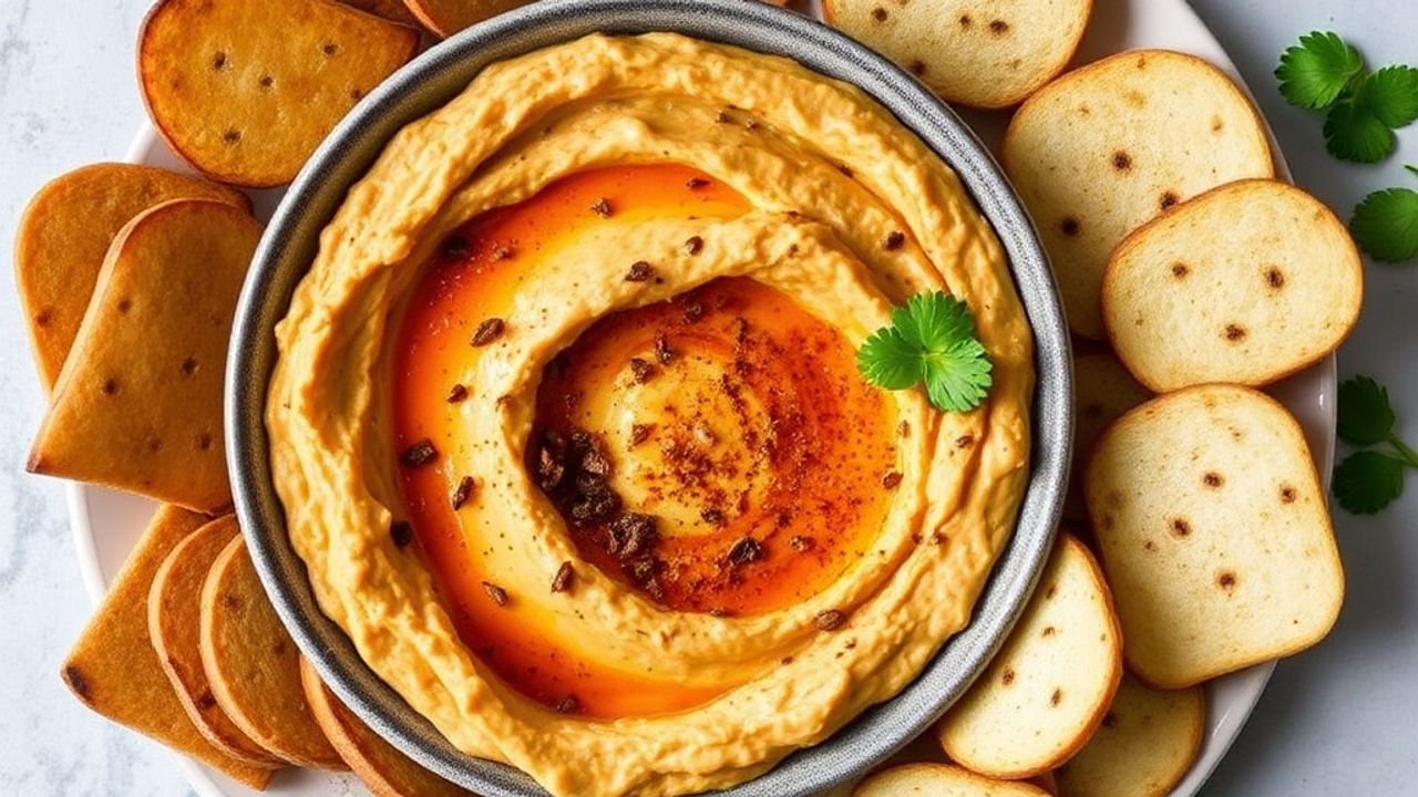 Roasted red pepper hummus in bowl with pita chips and fresh parsley