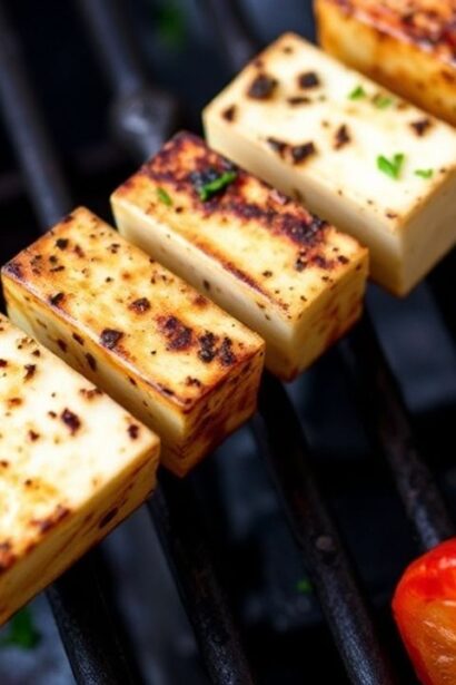 Grilled halloumi skewers with cherry tomatoes, peppers, and herbs on a rustic platter