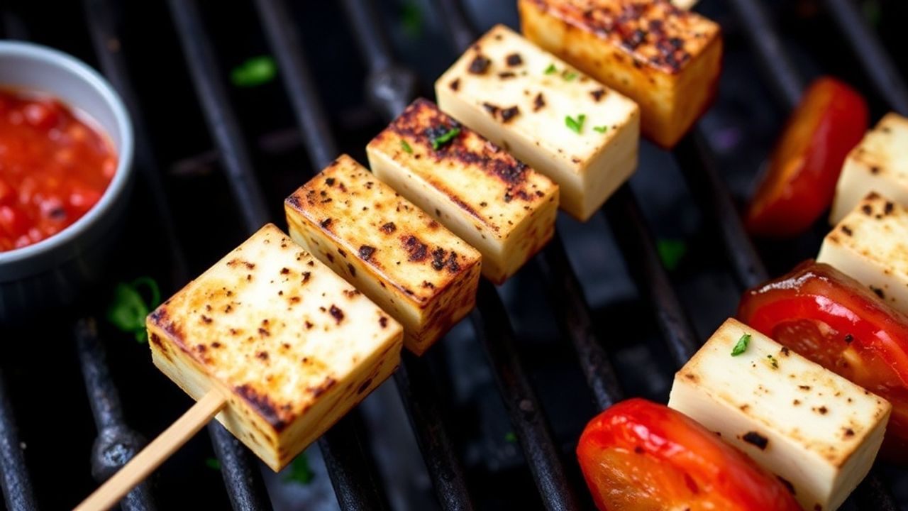 أسياخ حلومي وخضار مشوية ذهبية على طبق بجانب شريحة ليمون