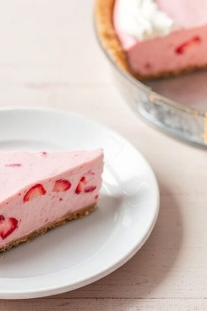Sliced strawberry Icebox Pie on chilled plate, topped with fresh berries and whipped cream.