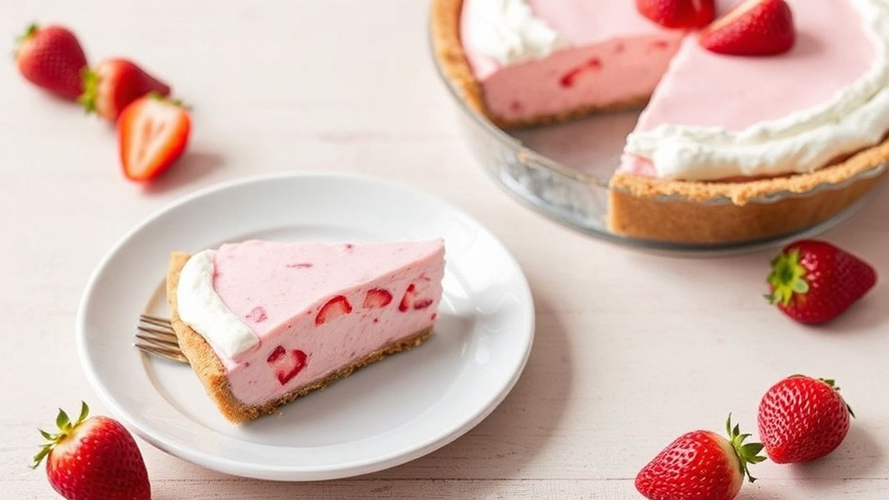 Sliced strawberry Icebox Pie on chilled plate, topped with fresh berries and whipped cream.