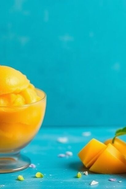 كوب سوربيه المانجو البارد بثلاث مكونات، لون برتقالي زاهي وملعقة