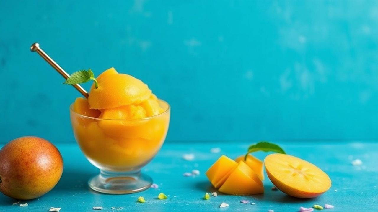 كوب سوربيه المانجو البارد بثلاث مكونات، لون برتقالي زاهي وملعقة