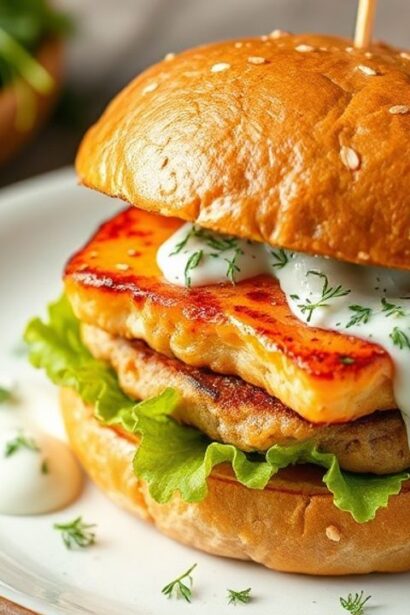 برغر سلمون أصيل مع صلصة زبادي منعشة بنكهة الشبت