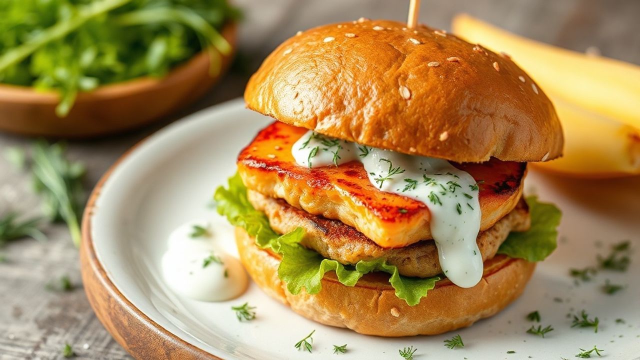 برغر سلمون أصيل مع صلصة زبادي منعشة بنكهة الشبت