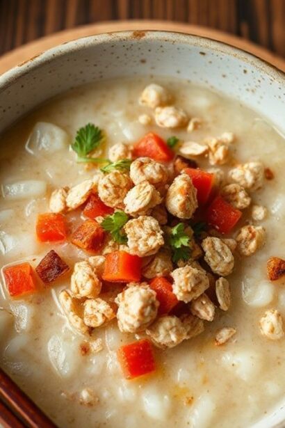 عصيدة أرز مالحة مع طبقة شوفان مقرمشة وتزيين أعشاب عطرية