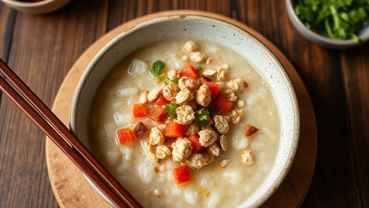 عصيدة أرز مالحة مع طبقة شوفان مقرمشة وتزيين أعشاب عطرية