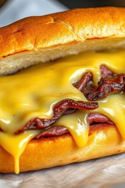 ساندويتش فيلي تشيزستيك مثالي محشو لحم شرائح وجبن ذائب وخبز مقرمش