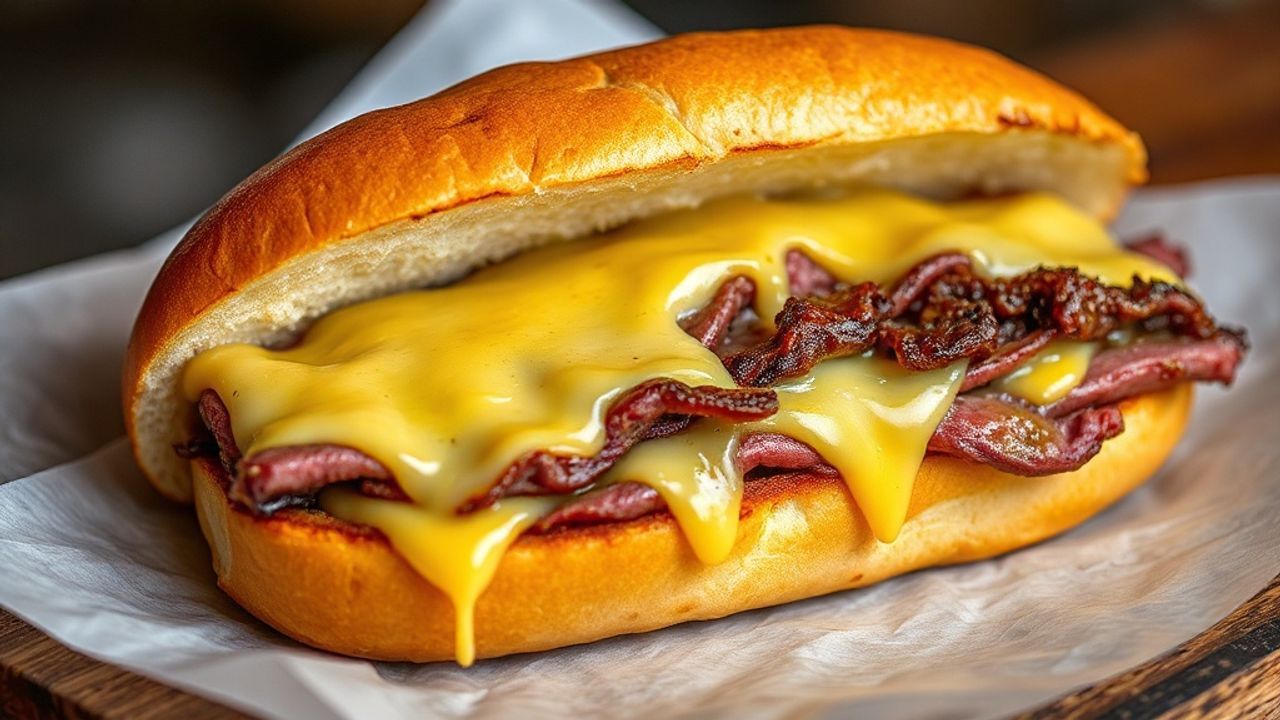 ساندويتش فيلي تشيزستيك مثالي محشو لحم شرائح وجبن ذائب وخبز مقرمش