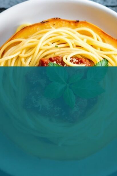 طبق قرع إسباغيتي مخبوز مع صلصة مارينارا غنية، دافئ ومُفتّت إلى خيوط مثالية.