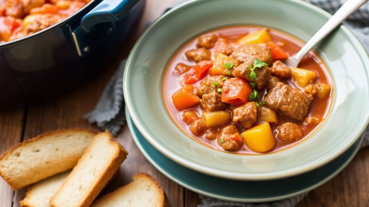 قدر ستيوب مجري غني باللحم والخضار يعلو بخارًا، طبق غولاش سريع لا يُنسى خلال 20 دقيقة.