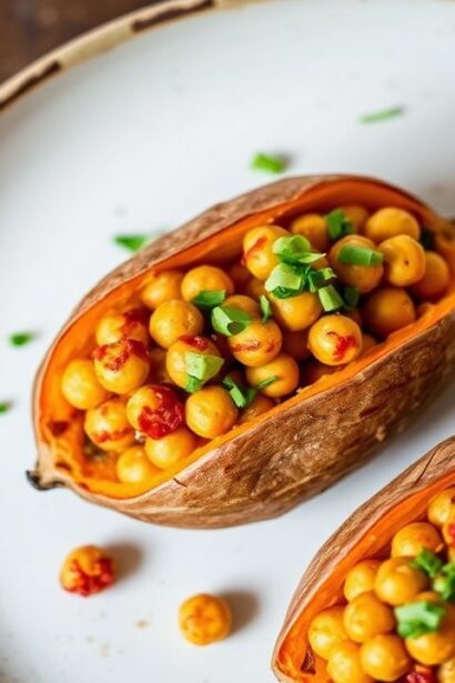 بطاطس حلوة محشية بحمص بافالو حار مع رذاذ صوص وبهارات شهية، وصفة لذيذة.