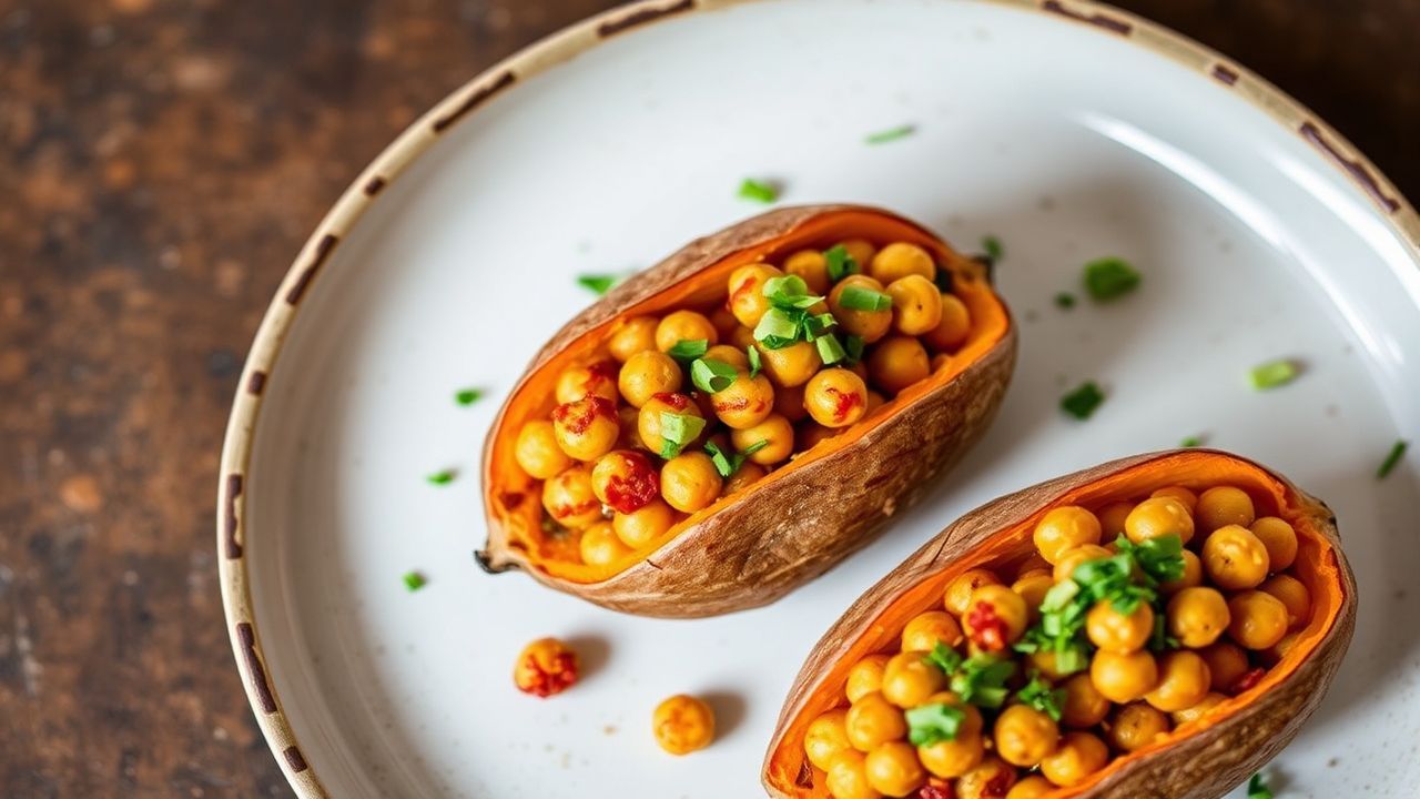 بطاطس حلوة محشية بحمص بافالو حار مع رذاذ صوص وبهارات شهية، وصفة لذيذة.